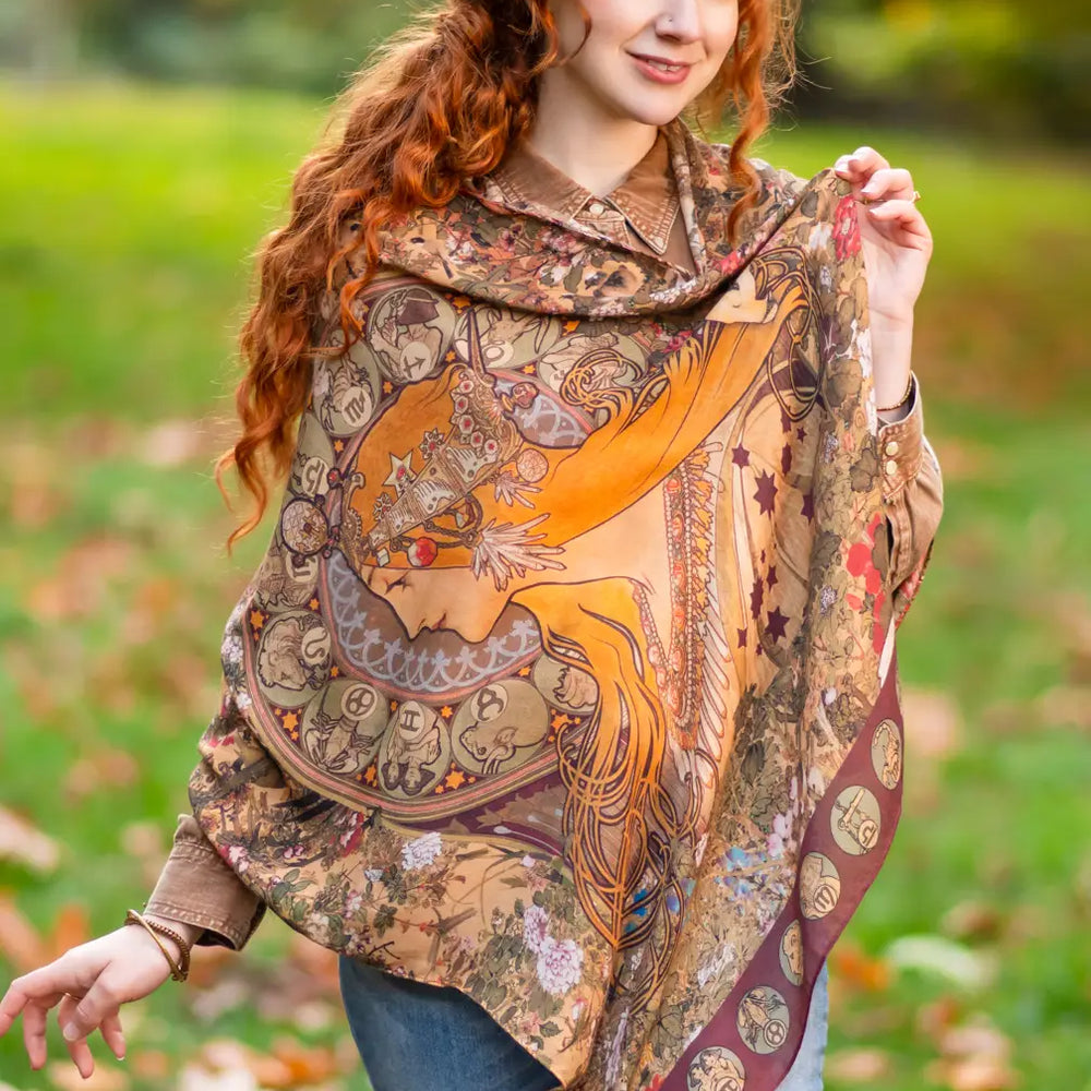 The Dreamweaver Bohemian Bamboo Scarf with Zodiac Signs by Market of Stars wrapped around a woman