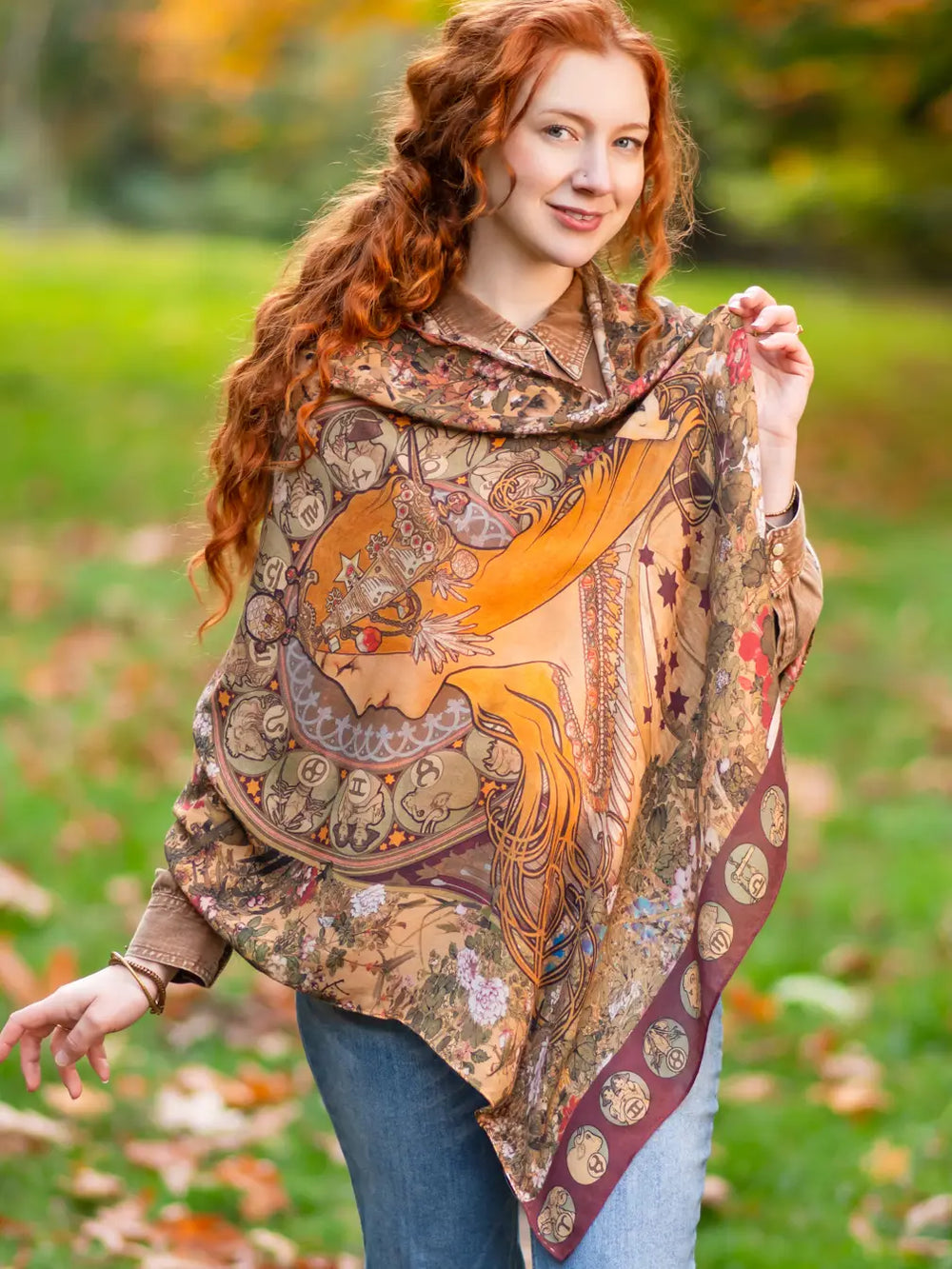 The Dreamweaver Bohemian Bamboo Scarf with Zodiac Signs by Market of Stars wrapped around a woman