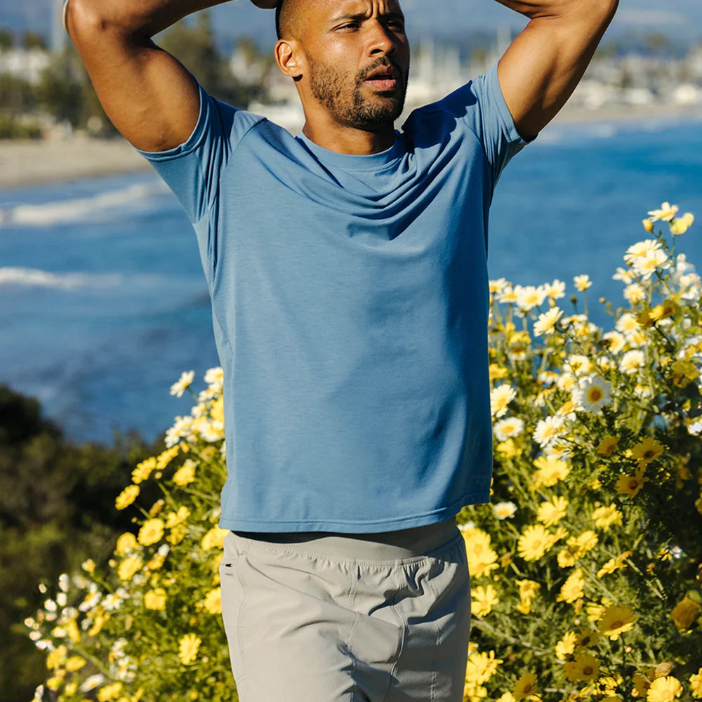 
                      
                        Men's blue short sleeve activewear t-shirt from Free Fly. 
                      
                    