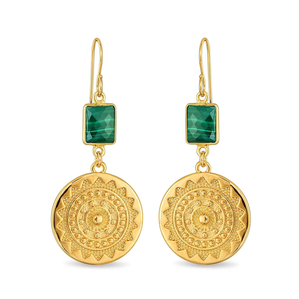 Generously sized gold plated sun medallions with bezel set malachite on 14k gold filled French ear wires
