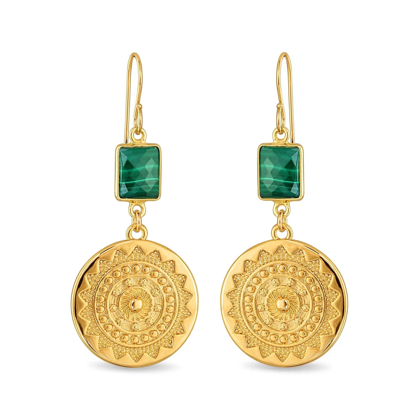 Generously sized gold plated sun medallions with bezel set malachite on 14k gold filled French ear wires