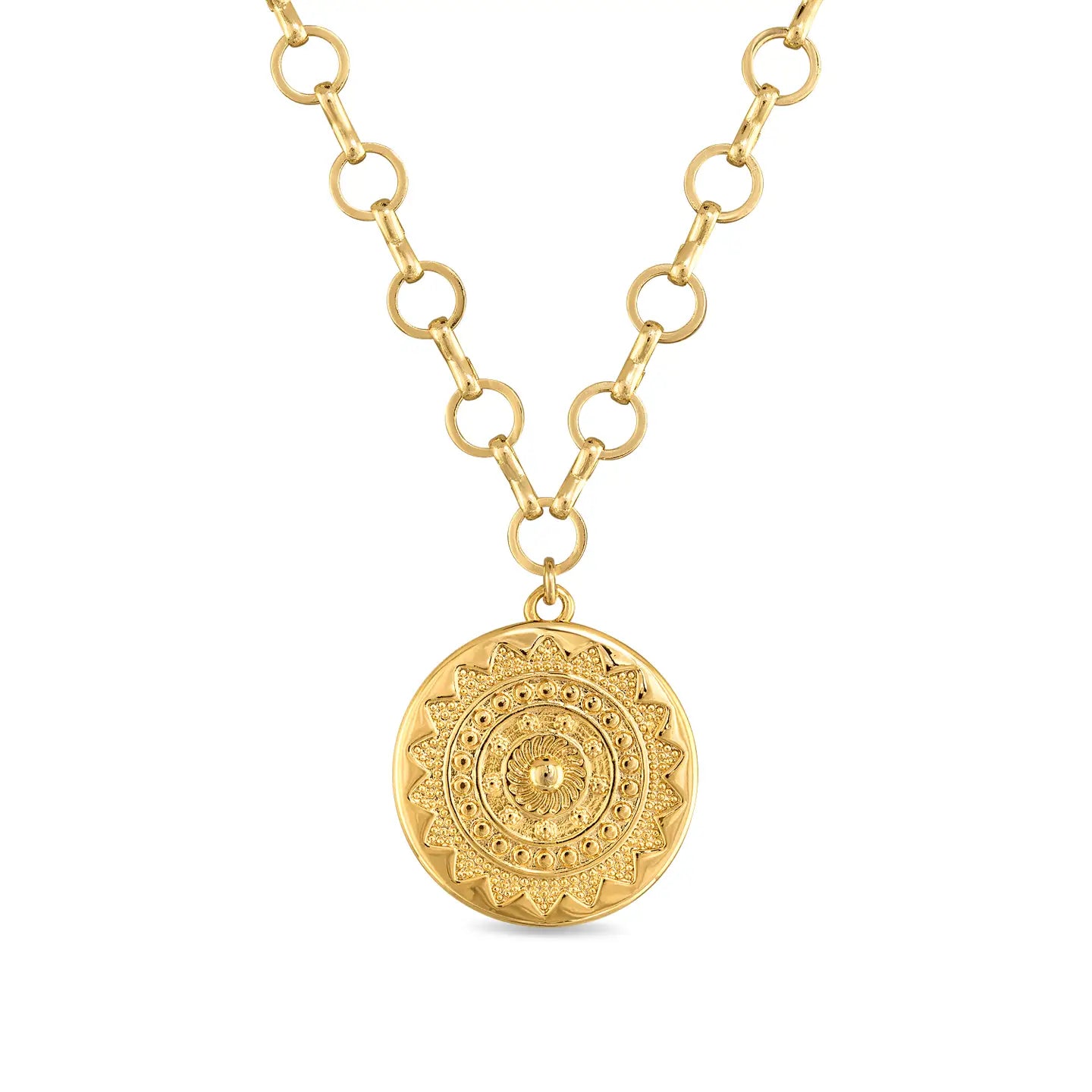 14K gold plated petite loop chain necklace with a sun medallion charm