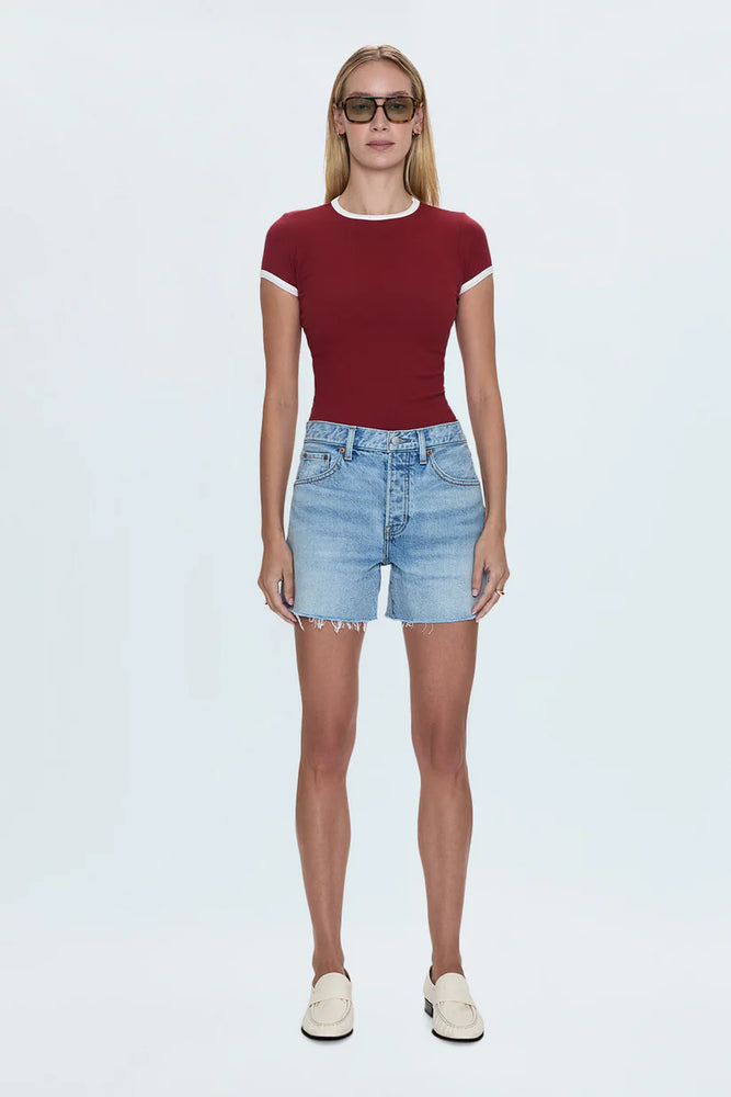 Now at Harbour Thread, these rigid denim high-rise cutoff shorts from Pistola offer a flattering fit and a perfectly vintage feel. 