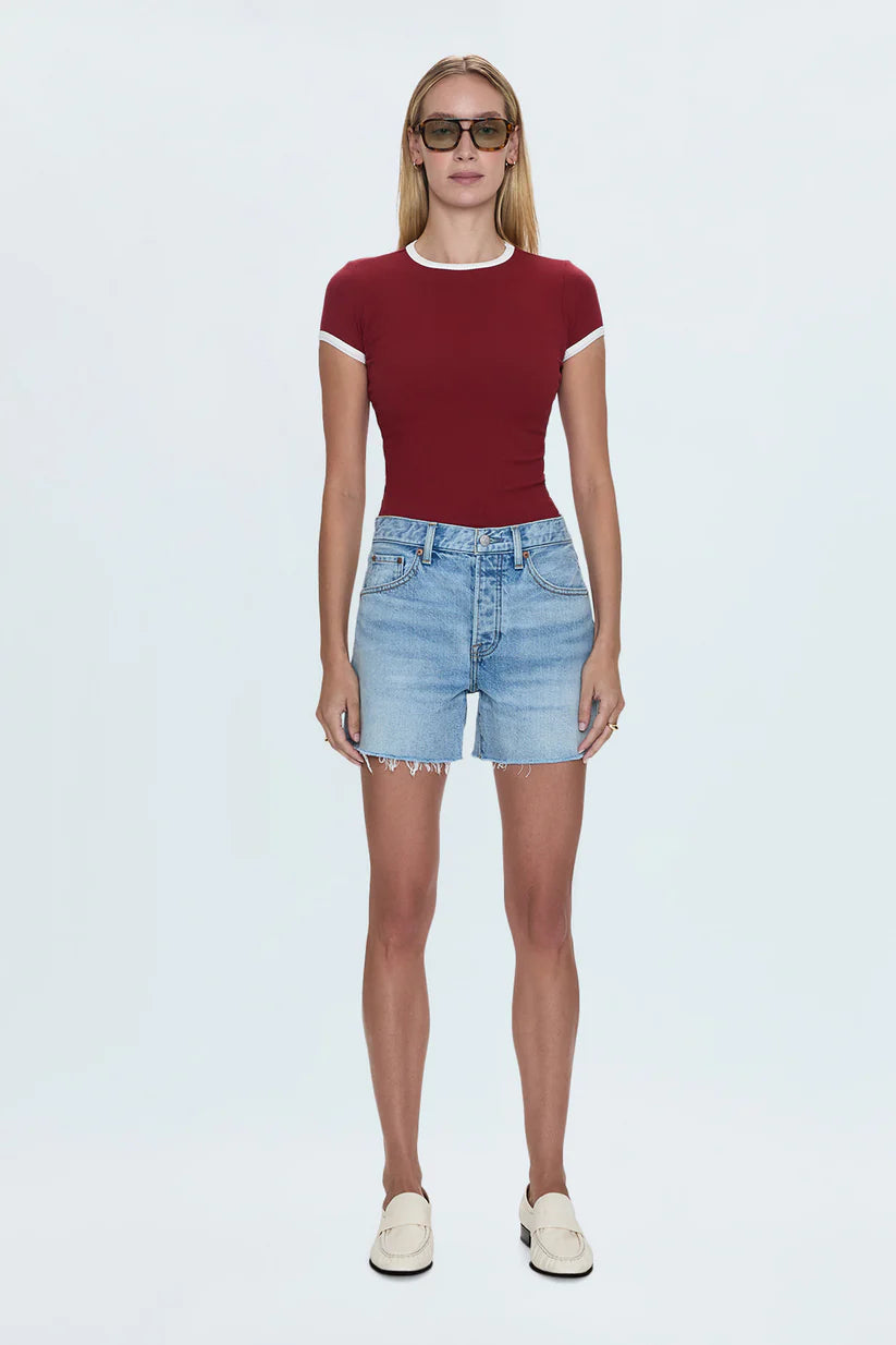 Now at Harbour Thread, these rigid denim high-rise cutoff shorts from Pistola offer a flattering fit and a perfectly vintage feel. 