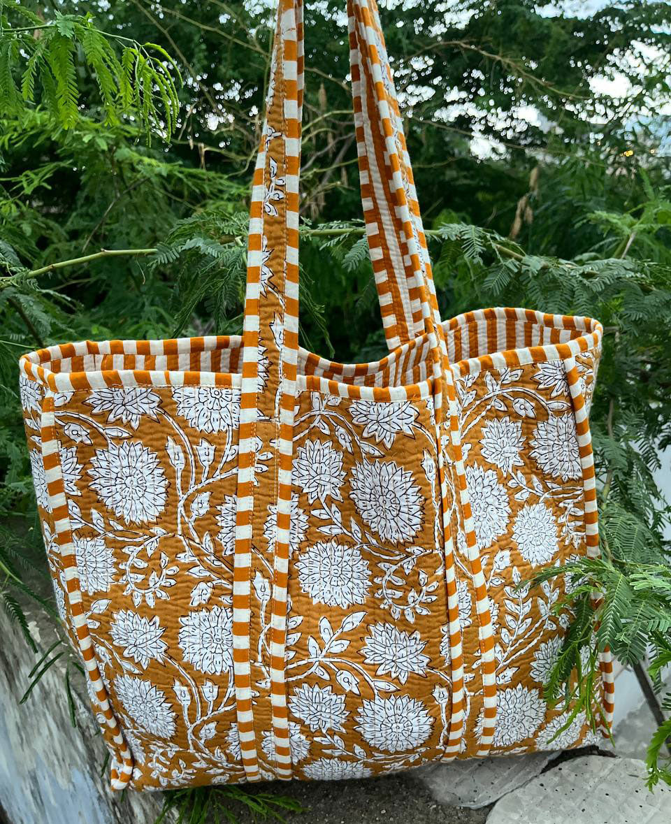 A Floral Block Cotton Quilted Tote Bag