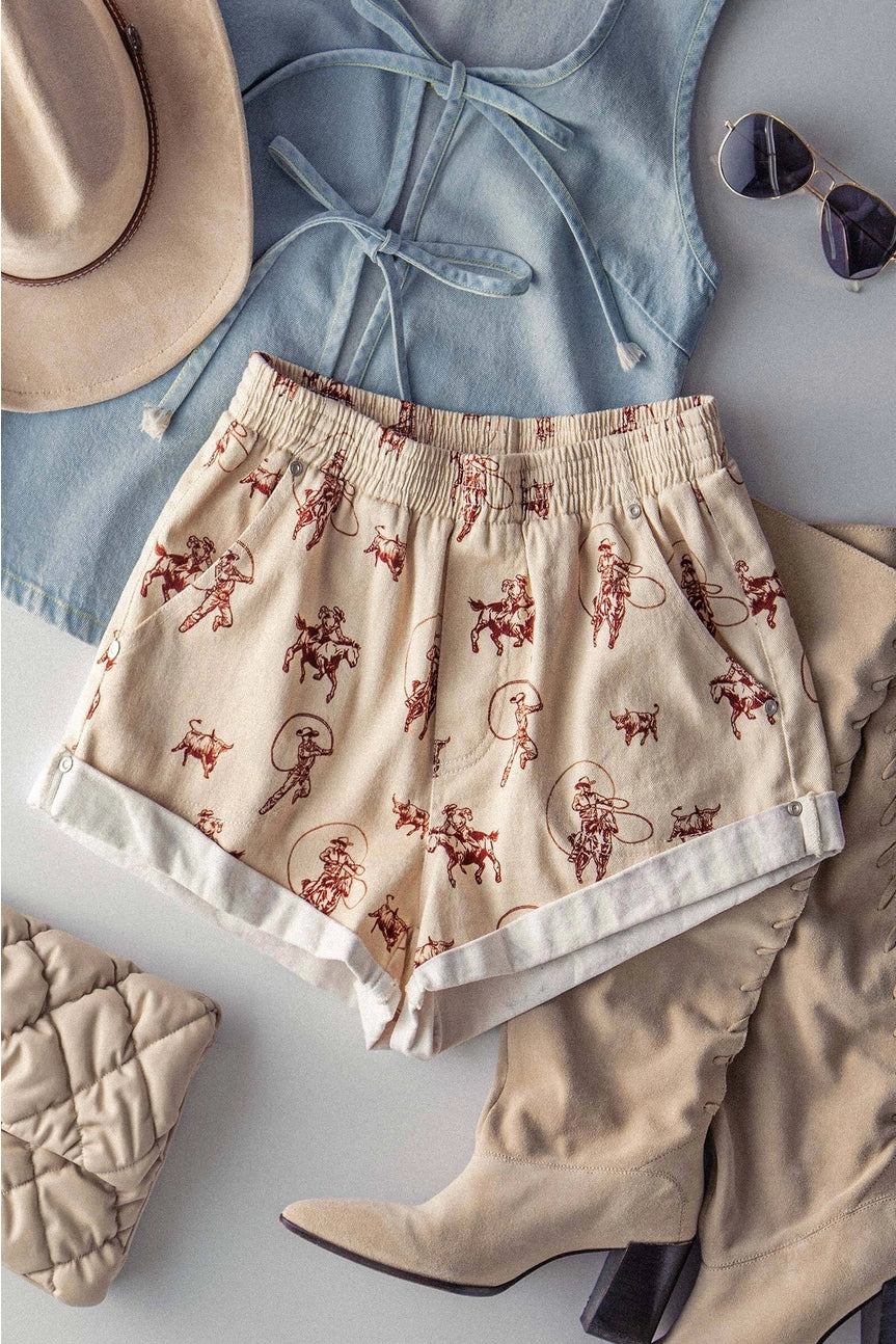 Effortless comfort and playful summer style combine with these western rodeo-themed elastic waistband women's shorts at Harbour Thread boutique. 