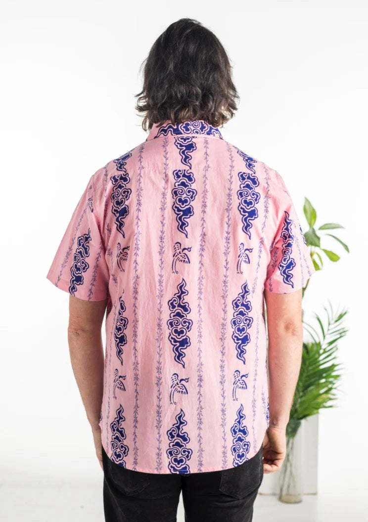 Back view of the Pink and Blue Mystcal Smoke Shirt by One World Brothers