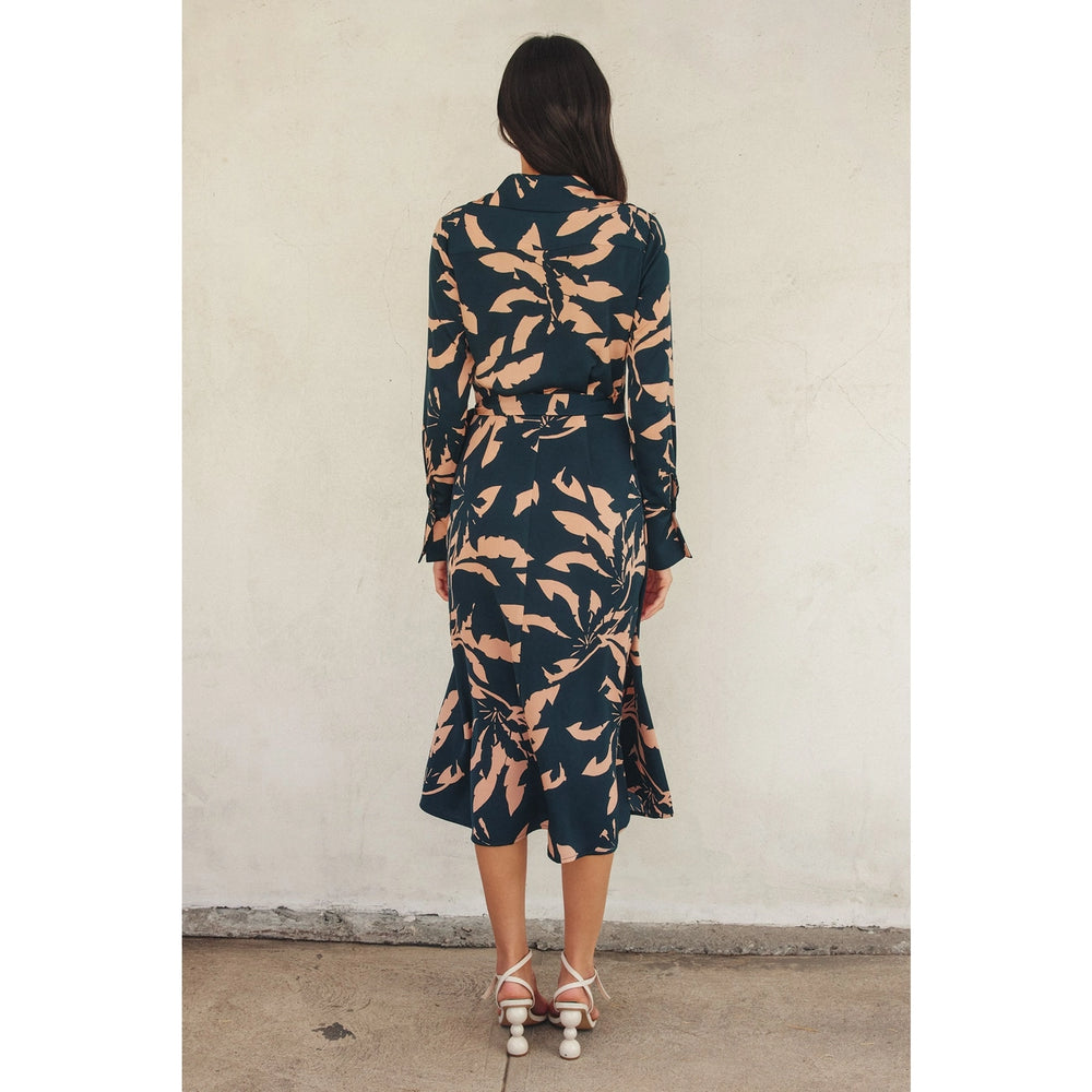 
                      
                        Midi length abstract tropical print dress with long sleeves and collared neckline
                      
                    