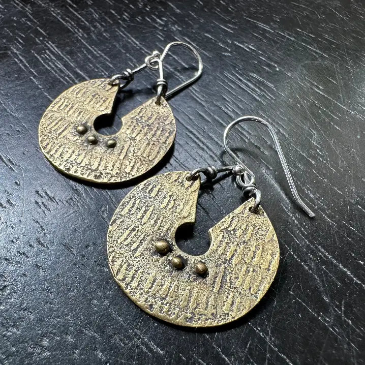 The Brass Textured Keyhole Discs 3 Dots Earrings by Jennifer Kahn Jewelry