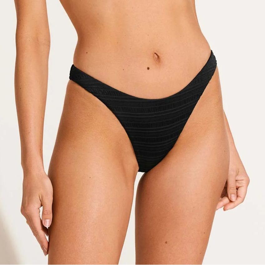 Vitamin A California High Leg Cheeky Bikini Bottom in Black Seersucker Stripe