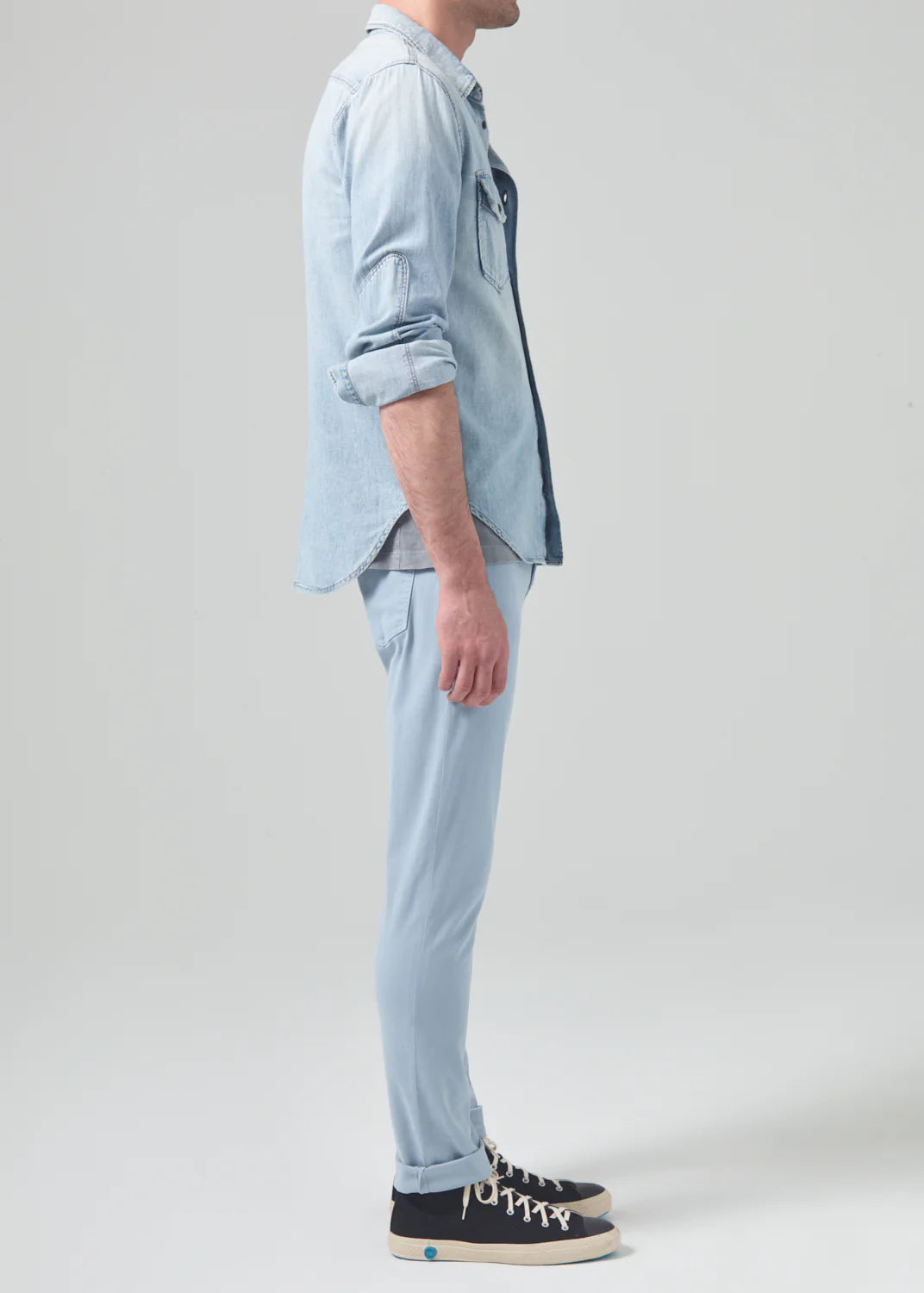 Side view of the Citizens Of Humanity London Tapered Slim Stretch men's pant in the color Seagull
