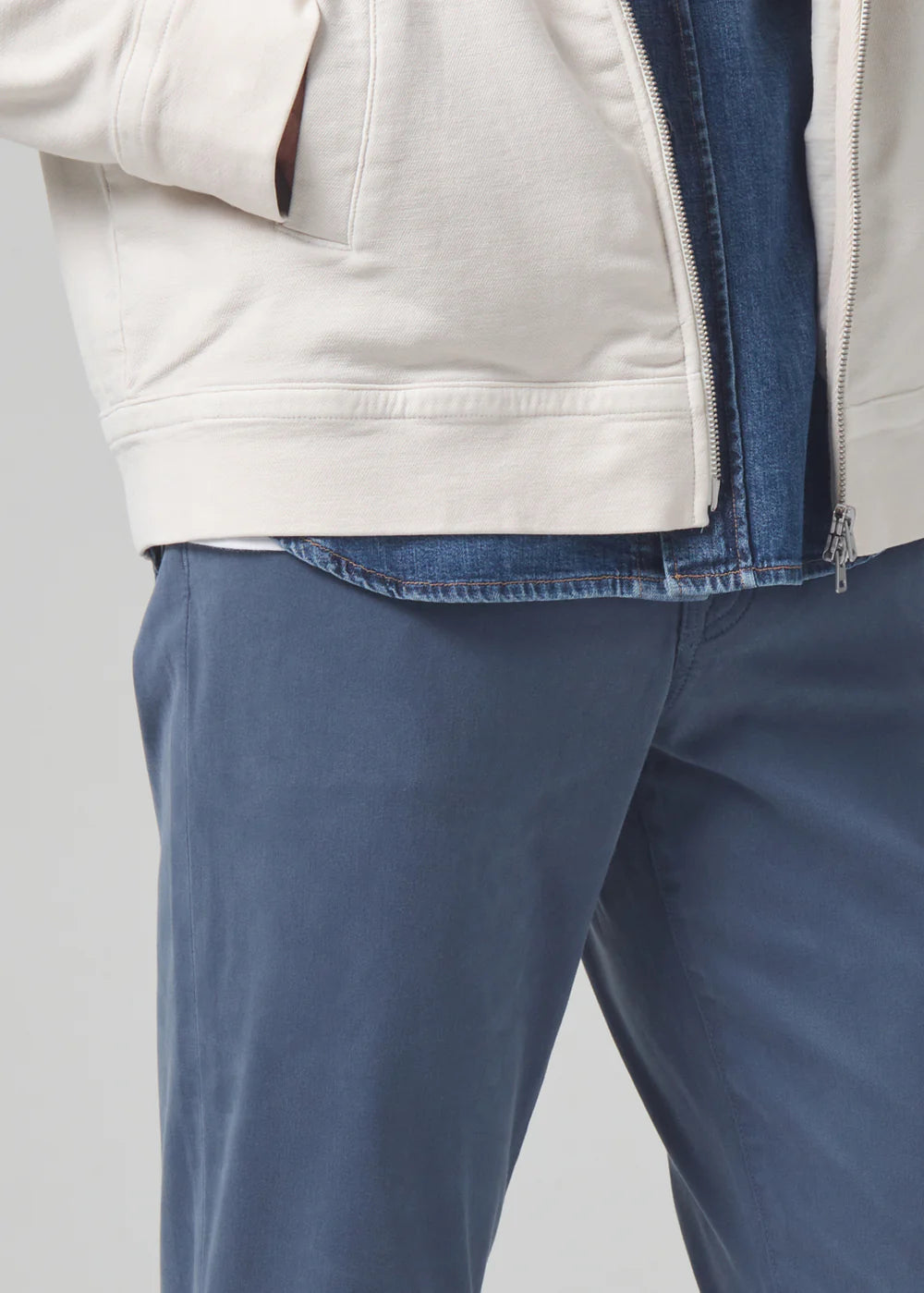 Front detail on the muted blue London Tapered Slim Stretch Men's Pant from Citizens of Humanity