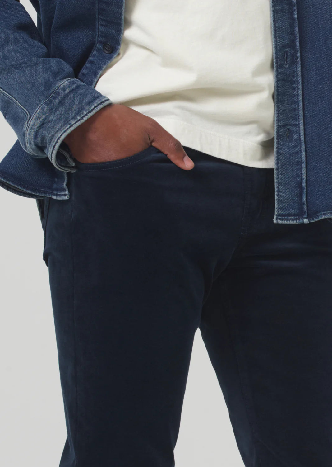 Front pocket detail on the Navy London Tapered Slim Velvet men's pant by Citizens Of Humanity