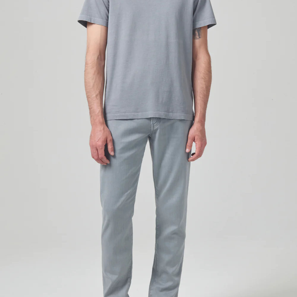 Front view of the Citizens Of Humanity washed out blue grey Gage Slim Straight Stretch Linen men's pants