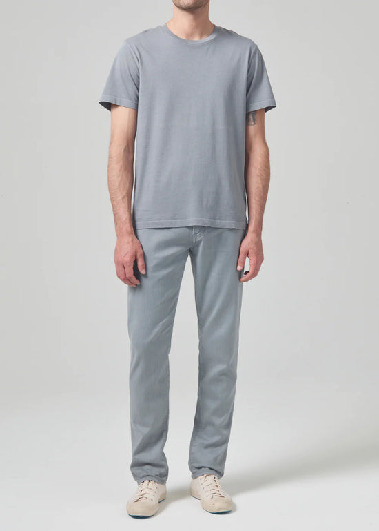 Front view of the Citizens Of Humanity washed out blue grey Gage Slim Straight Stretch Linen men's pants