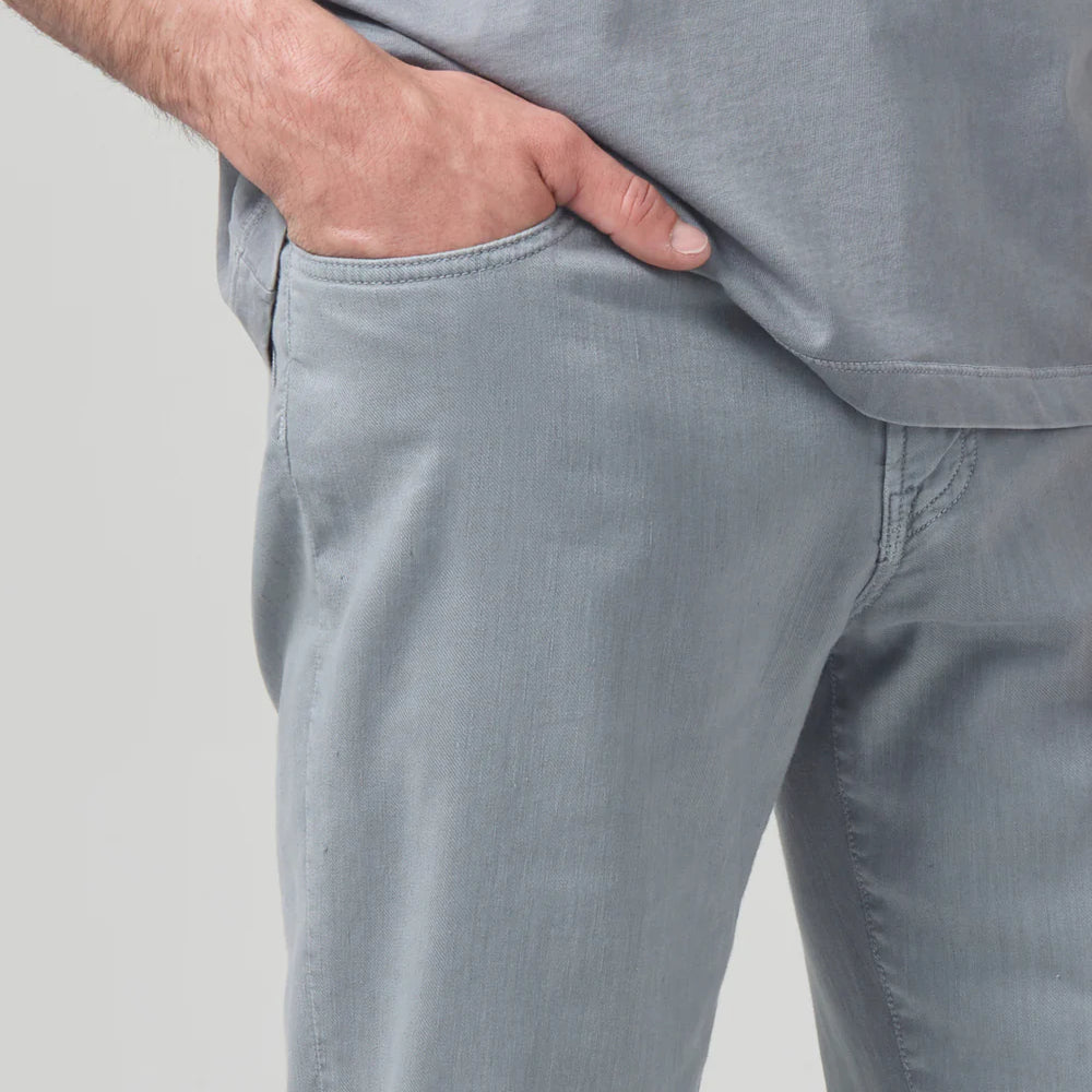 
                      
                        Closeup detail view of the Citizens Of Humanity washed out blue grey Gage Slim Straight Stretch Linen men's pants
                      
                    