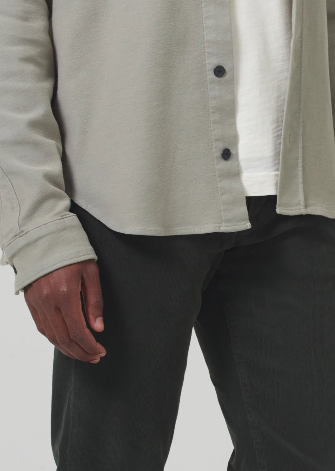 Front design detail on the Dark Green Gage Slim Straight Corduroy men's pants by Citizens Of Humanity