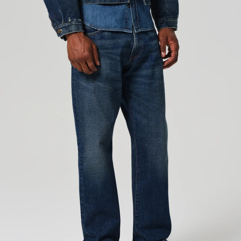 The Elijah Relaxed Straight Japanese Selvedge offers a medium to dark indigo wash