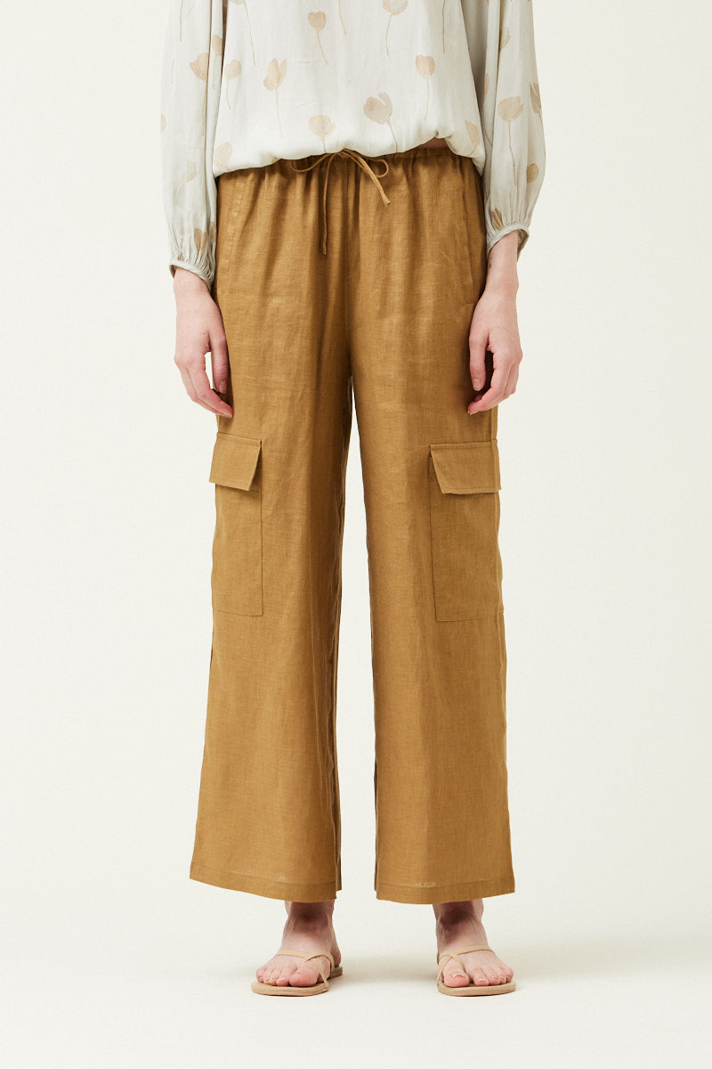 Carlton Linen Cargo Pants - Brown Olive