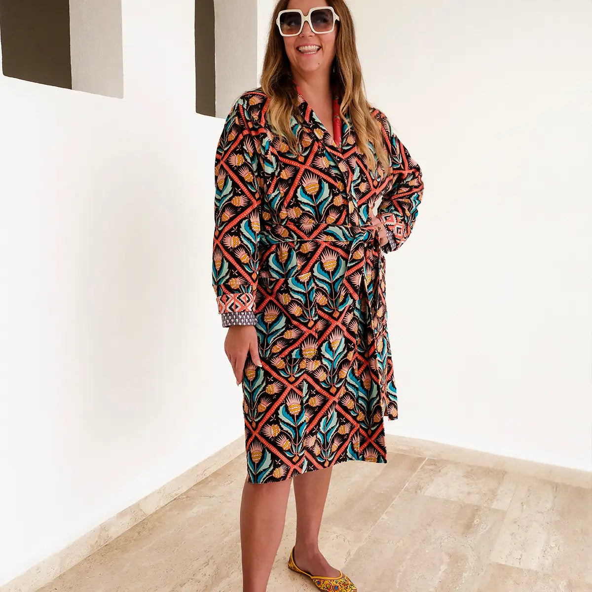 Floral print side of the Handker Bandanas Martha Velvet Reversible Cotton Duster Robe