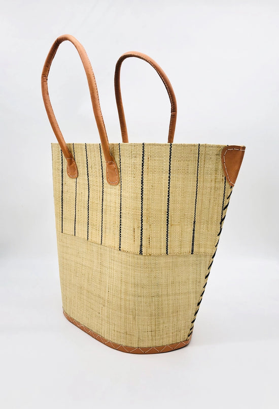 Load image into Gallery viewer, Shebobo Santa Cruz Two Tone Pinstripes Large Straw Tote Bag - Natural
