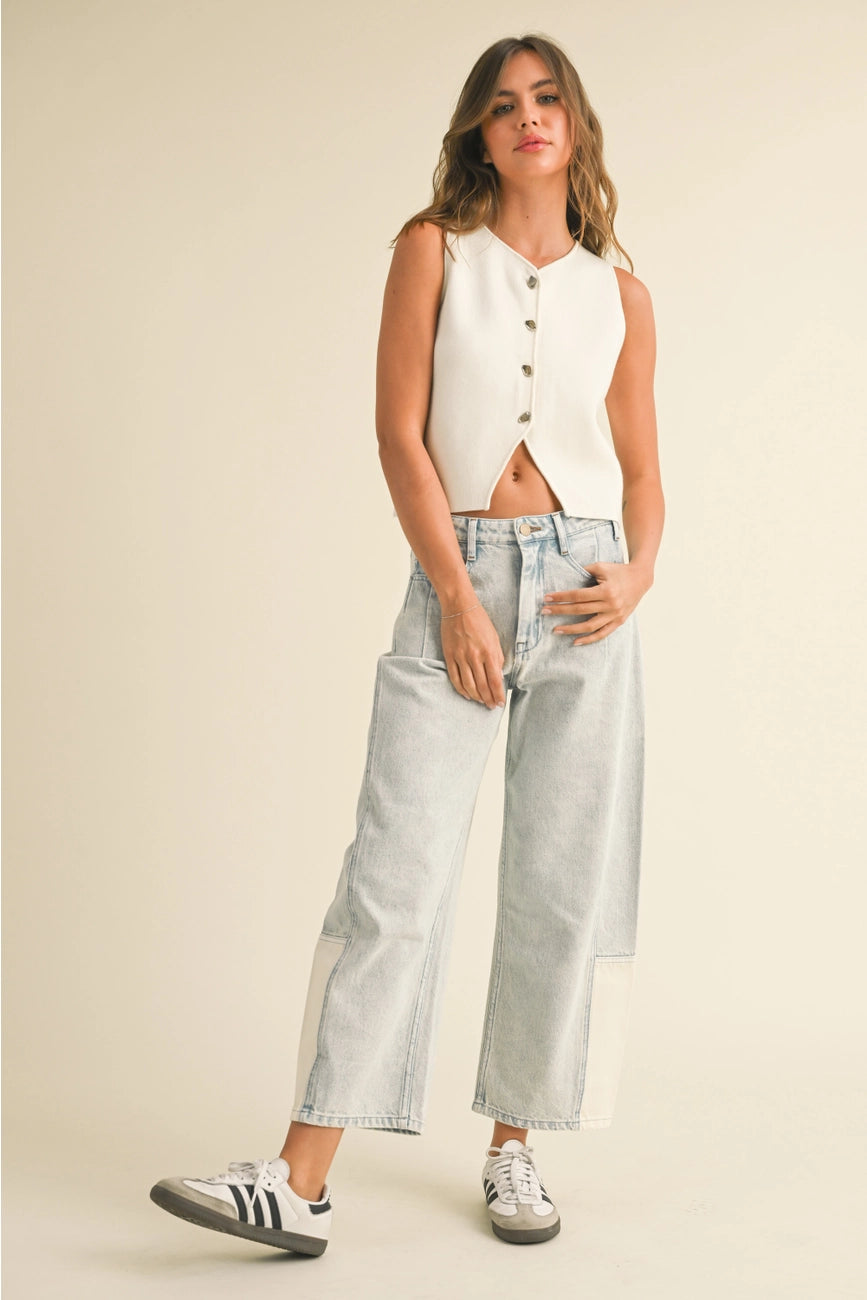 Enjoy the on-trend silhouette of these women's light wash barrel jeans with bottom patch detail at Harbour Thread women's boutique in Burlington, VT. 