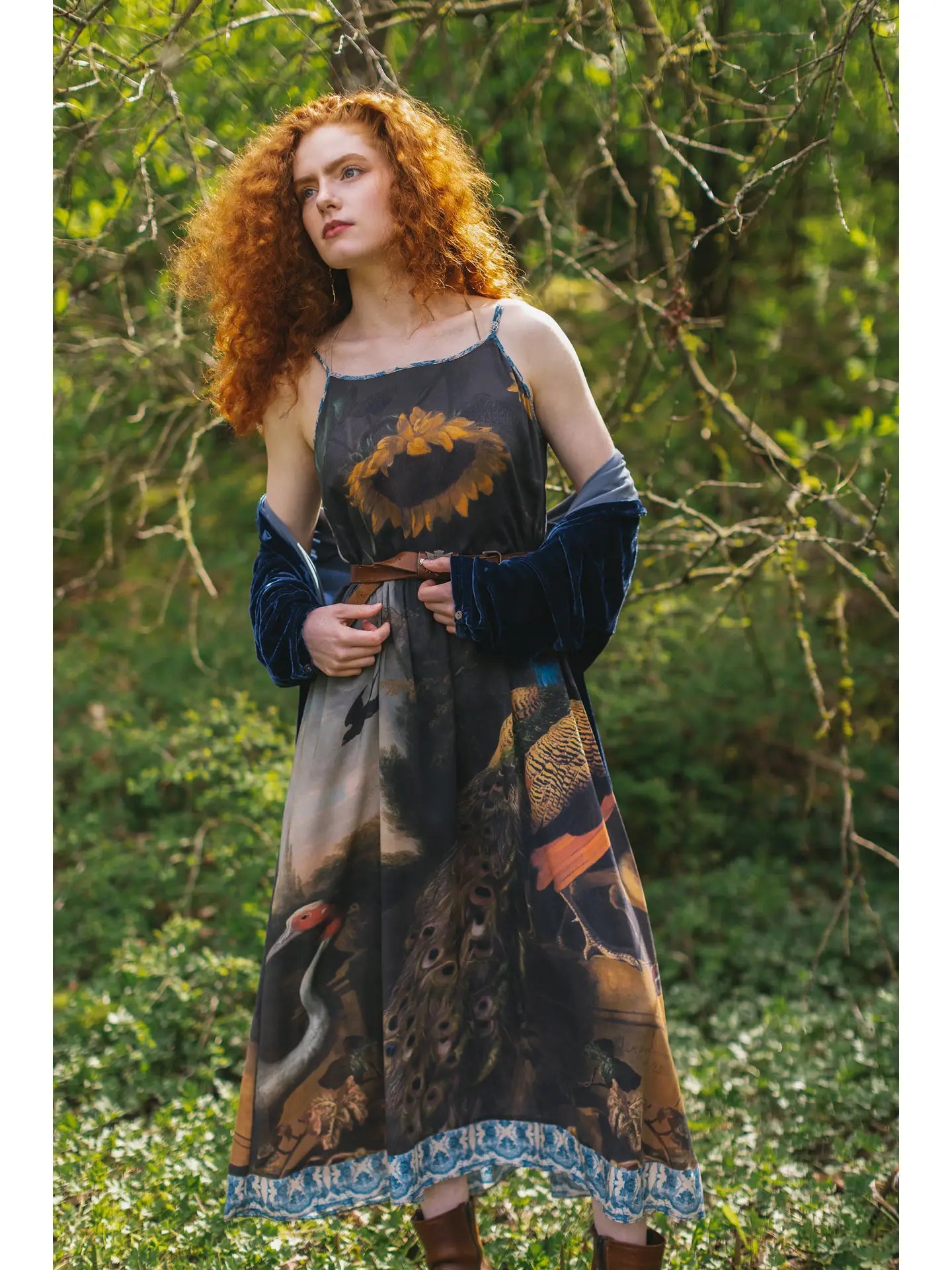 The Wild Beauty Peacock Print Slip Dress by Market of Stars worn with the floral print design