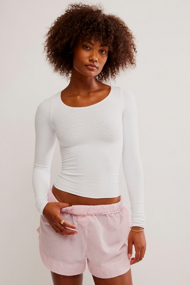 
                      
                        Women's fitted long sleeve white top with scoop neckline. 
                      
                    