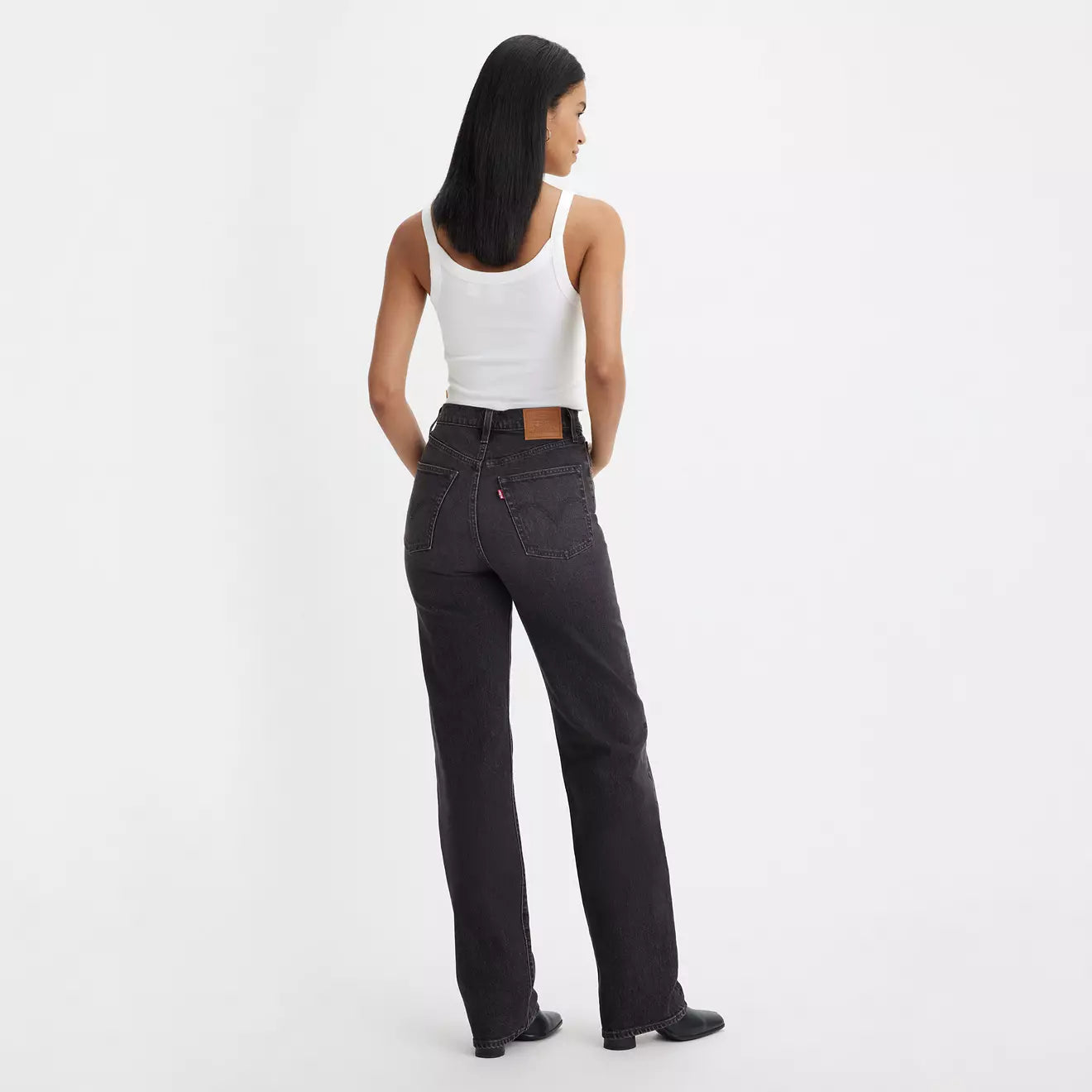 Back view of the Static Noise Overload Black Ribcage Full Length Women's Jeans by Levi’s