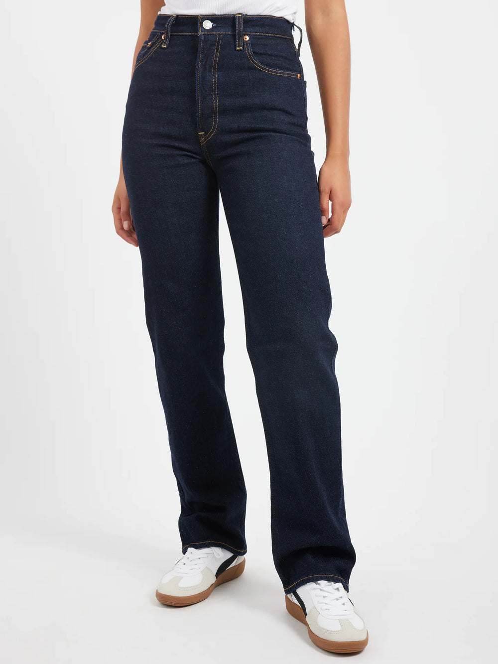 Front view of the Levi's Ribcage Full Length Women's Jeans in the Dark Wash color Small Course