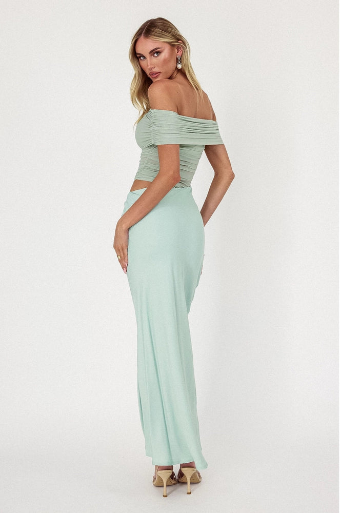 Sage color off shoulder mesh midi dress