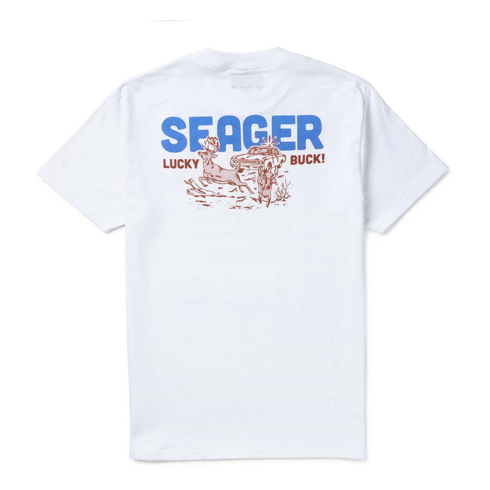 
                      
                        men's white short sleeve tee from Seager with a graphic print on the back
                      
                    