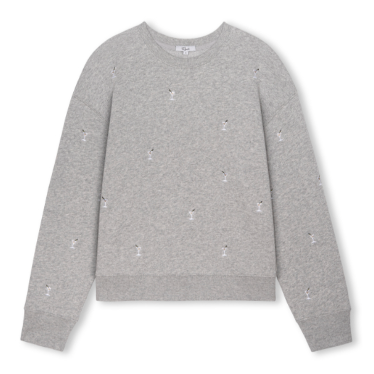 A women's grey sweatshrit with small martini glass embroidery detail