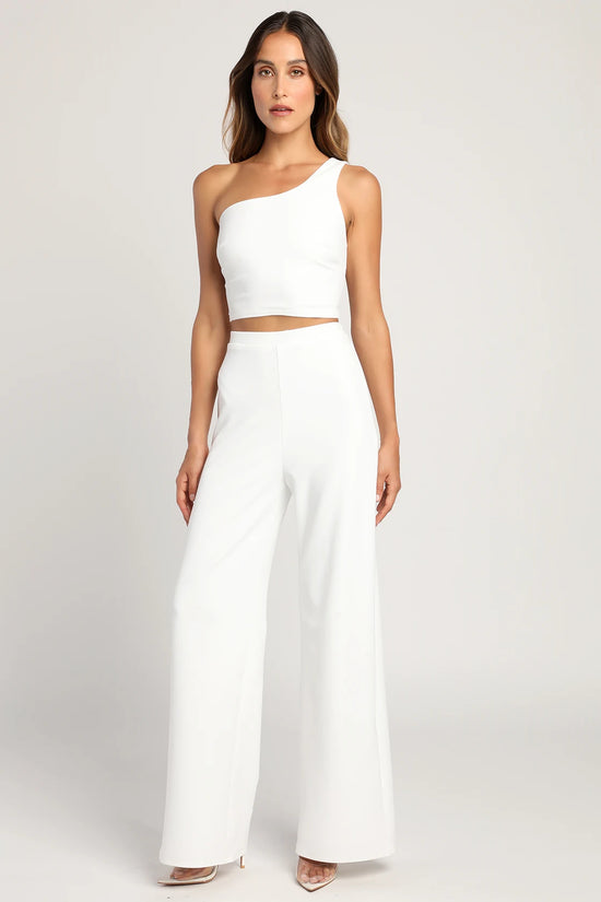 Front view of a woman wearing a Ivory One-Shoulder Two-Piece Jumpsuit by LuLu's