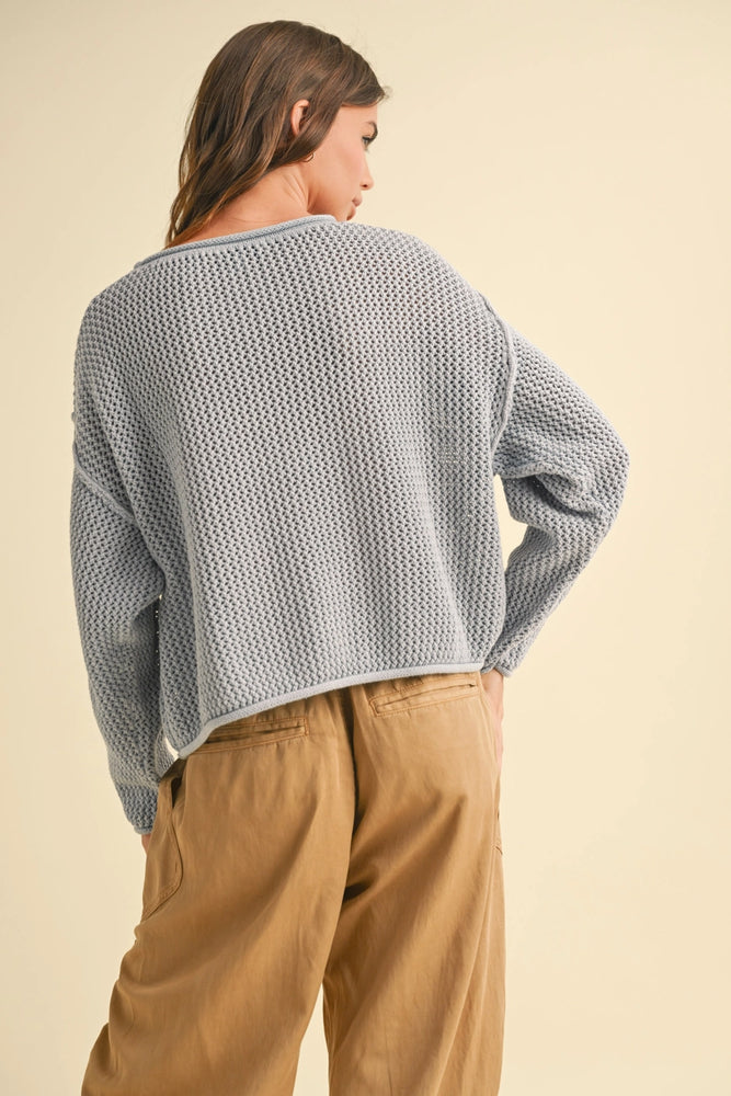 
                      
                        blue grey knit pullover sweater
                      
                    