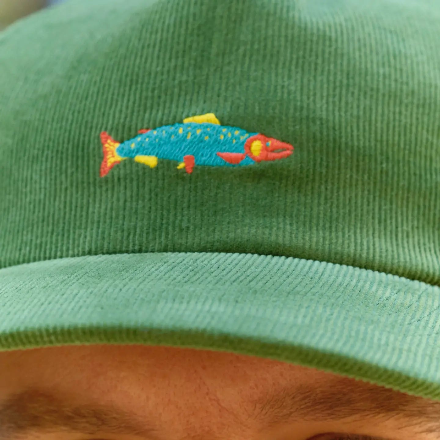 Colorful fish design on a green corduroy hat