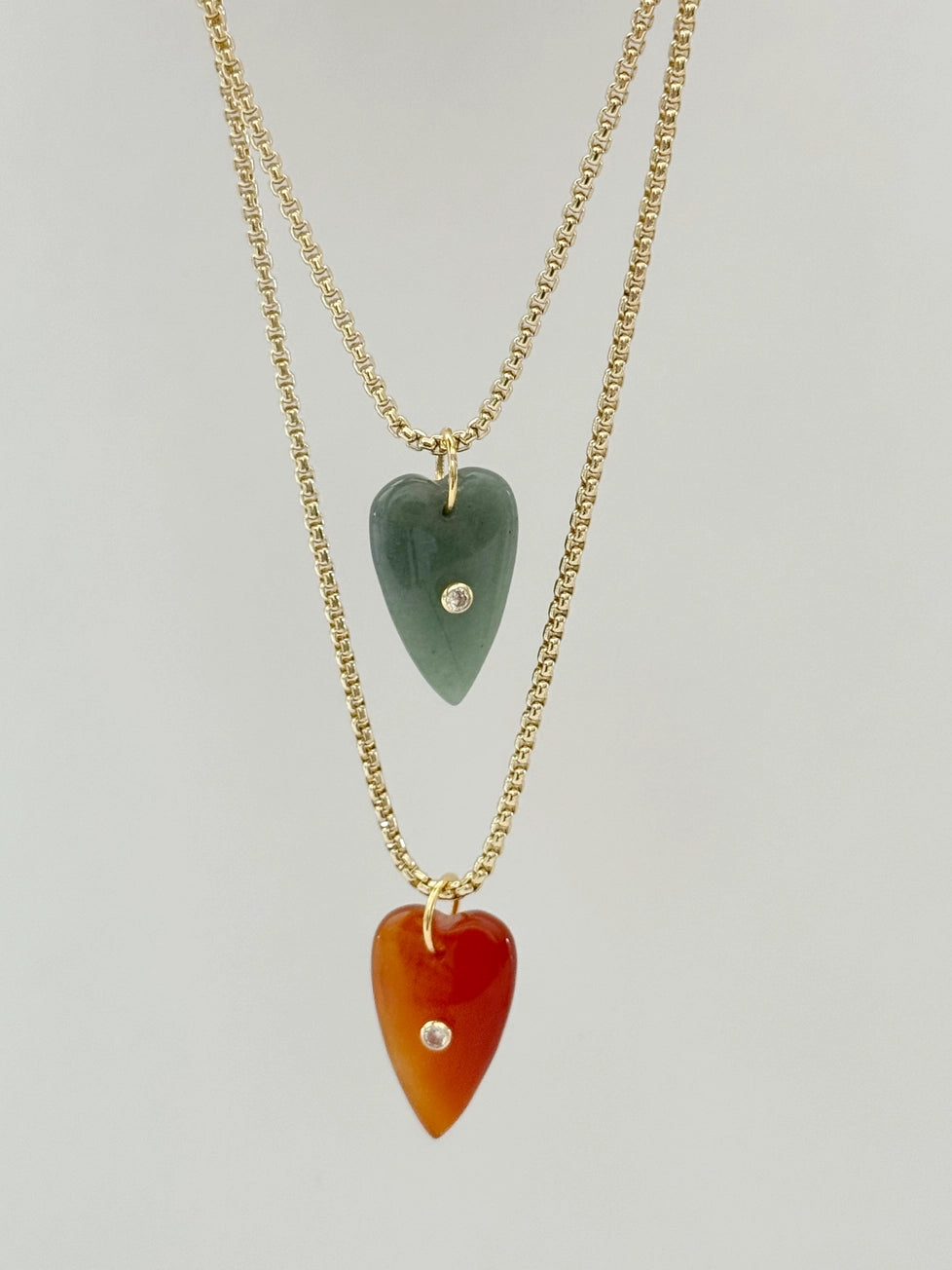 Carnelian and Green Aventurine heart charm pendent necklaces