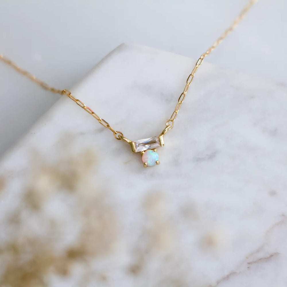 
                      
                        18k gold plated opal and CZ charm, gold filled chain
                      
                    