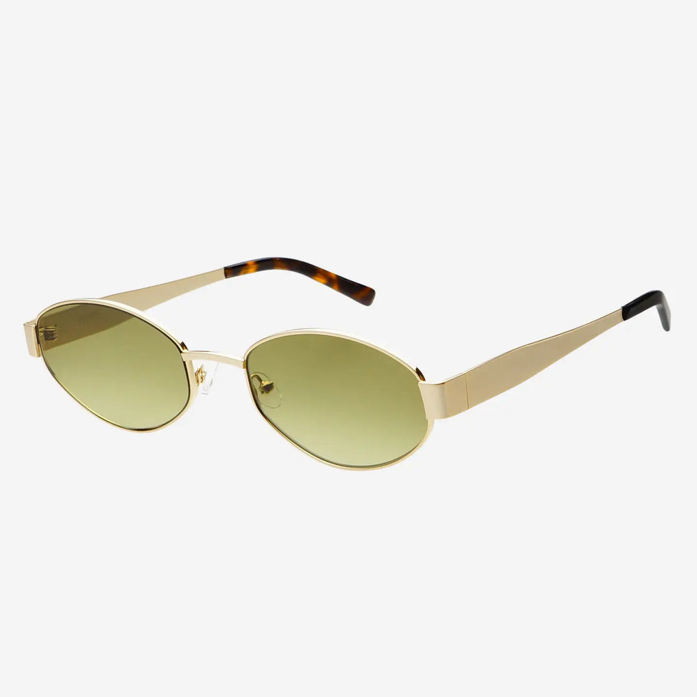 
                      
                        The FREYRS Soho Women's Oval Sunglasses with gold frames and green lenses
                      
                    