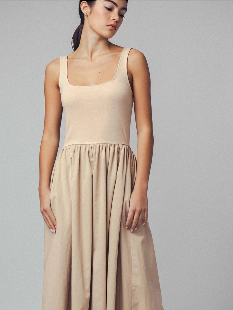 
                      
                        Square neck taupe midi dress
                      
                    