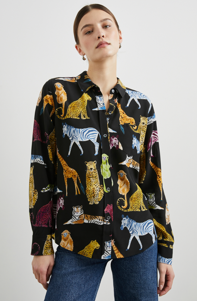 
                      
                        This long sleeve washed silk button down features an eclectic multicolor animal design
                      
                    