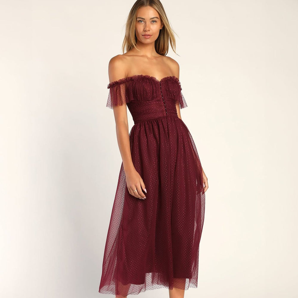 Lulus Regal Radiance Tulle Bustier Midi Dress - Burgundy