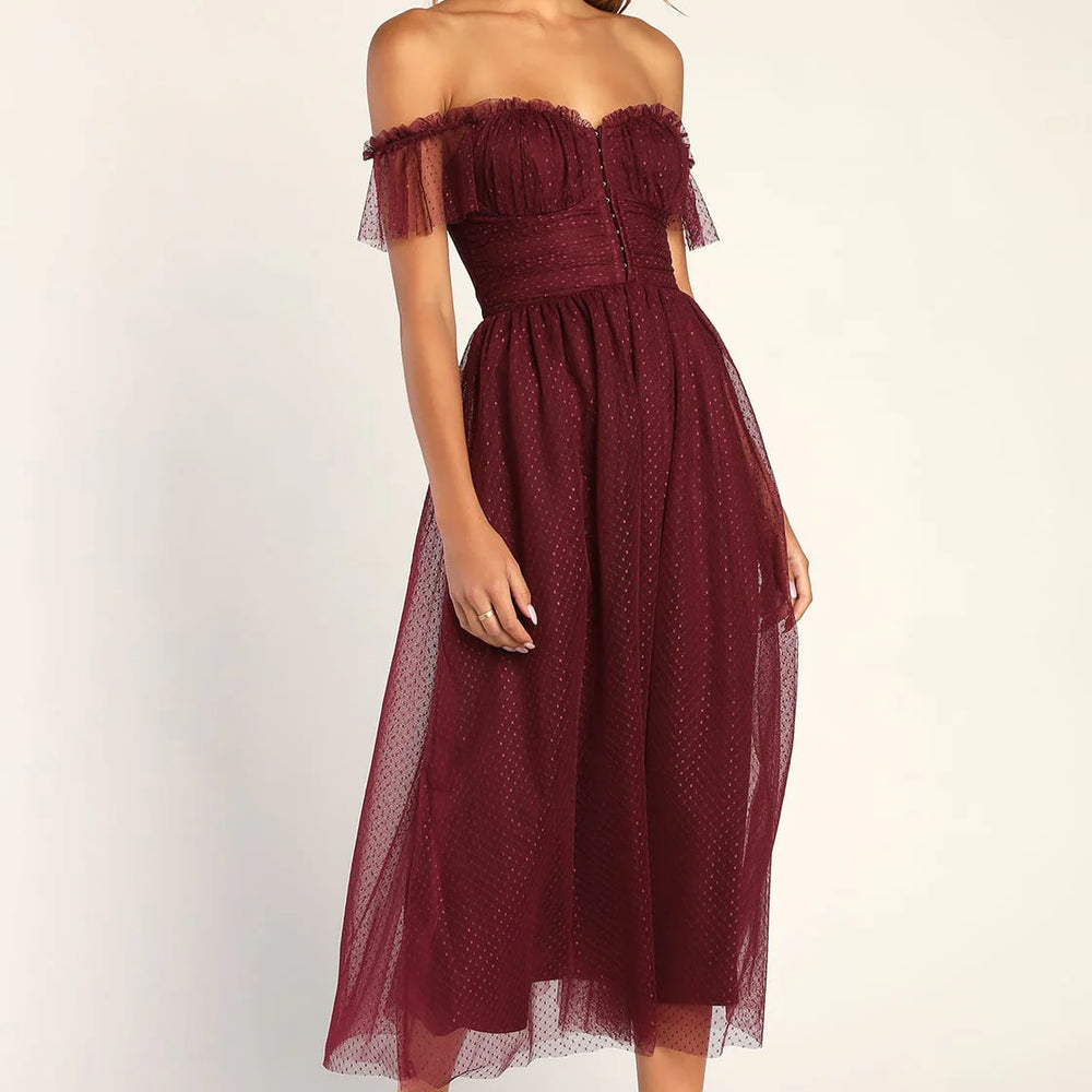 
                      
                        Lulus Regal Radiance Tulle Bustier Midi Dress - Burgundy
                      
                    