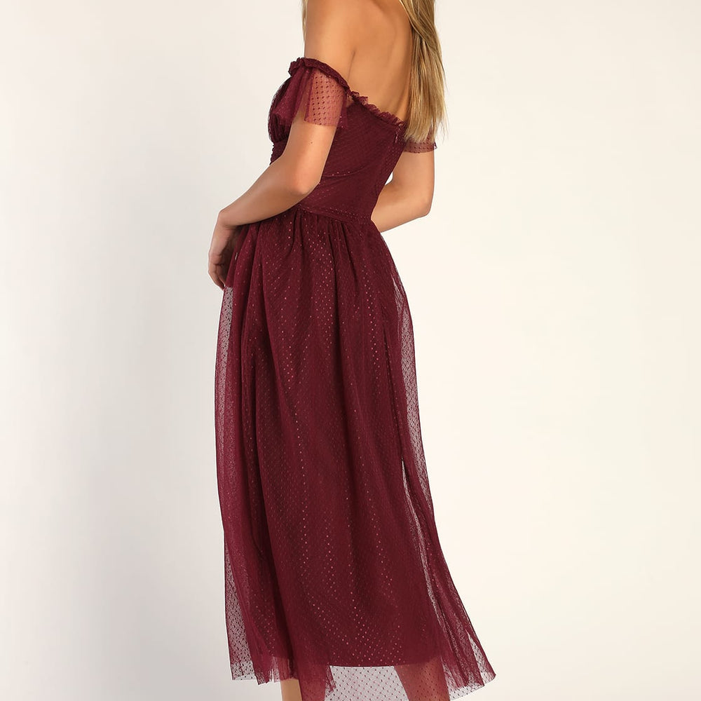 Back view of a woman wearing the Radiance Burgundy Tulle Bustier Midi Dress by Lulus