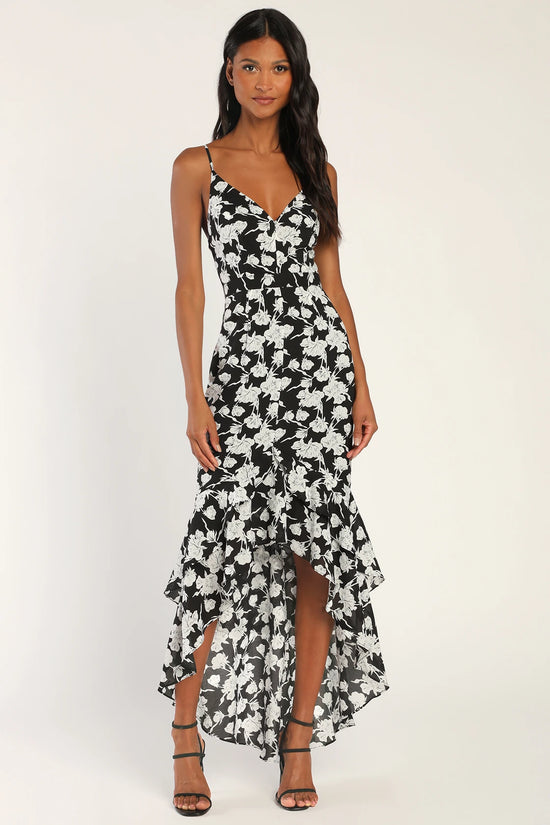 Front view of a woman wearing a White and Black Floral Print High-Low Maxi Dress by LuLu's