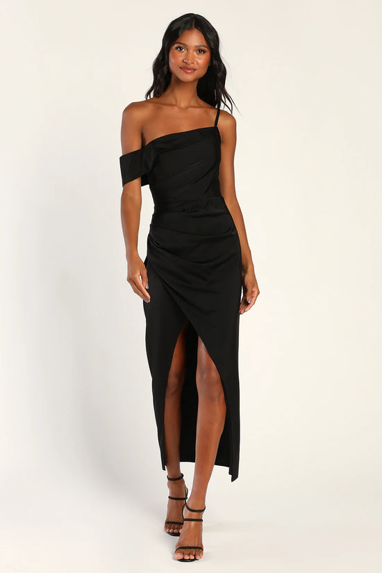 Front view of the Lulus Showing Off A Little Asymmetrical Tulip Midi Dress in the color Black