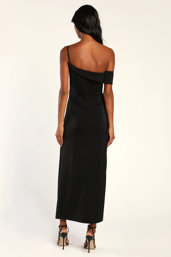 Back view of the Lulus Showing Off A Little Asymmetrical Tulip Midi Dress in the color Black