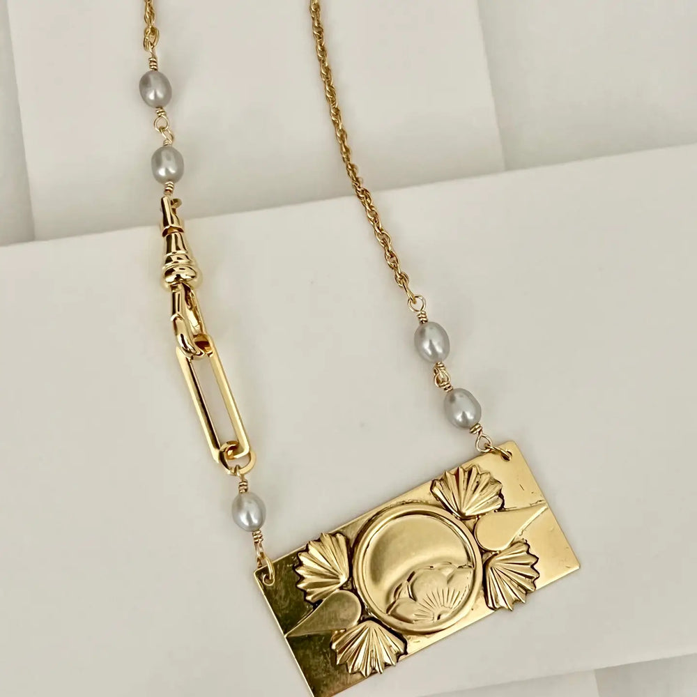 Shop the gold plated Zora Pendant by Sandrine France Studio at Harbour Thread, featuring grey fresh water pearls