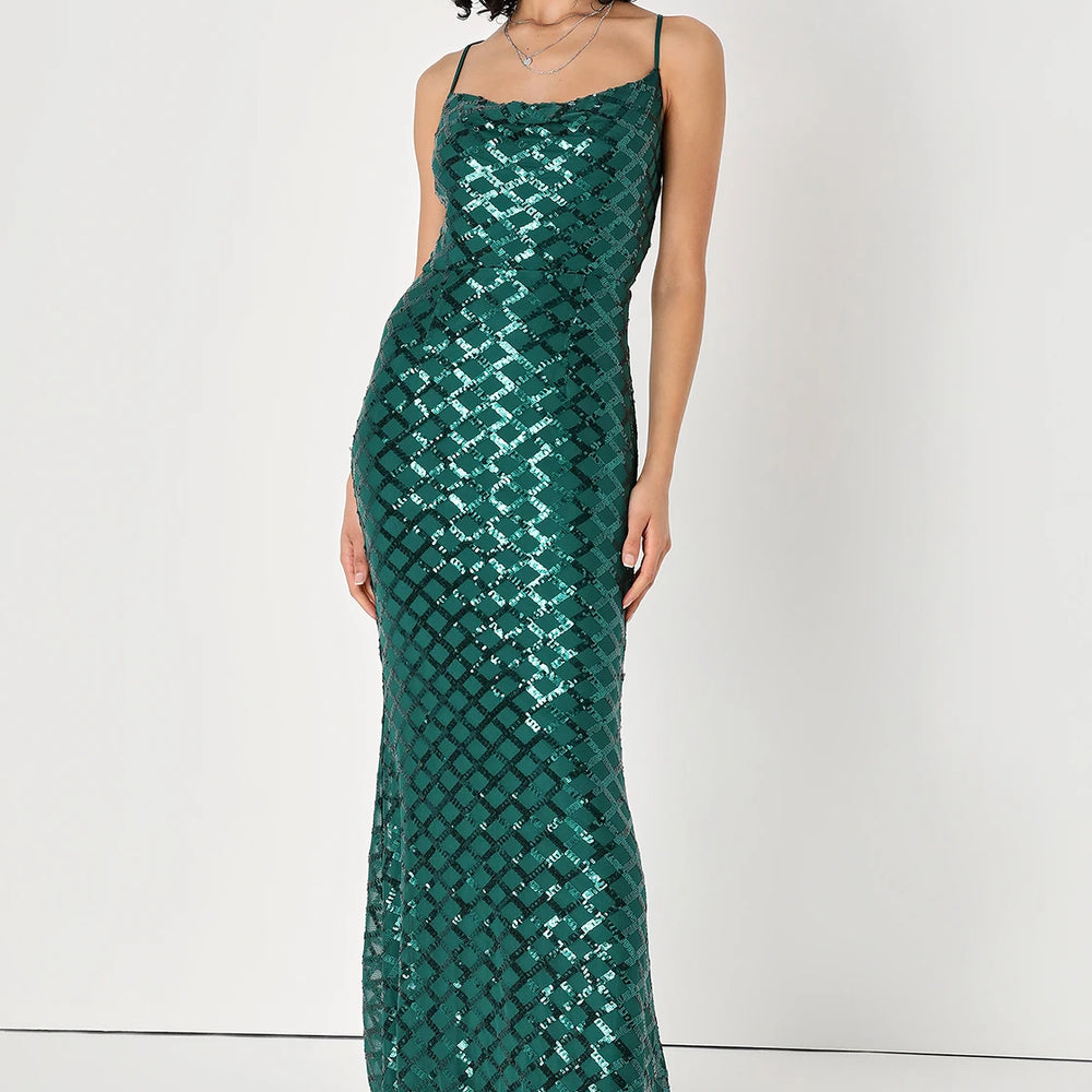 Front view of an Emerald Green Sequin Cowl Neck Maxi Dress