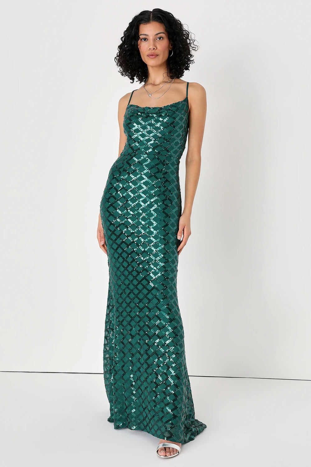 Front view of an Emerald Green Sequin Cowl Neck Maxi Dress